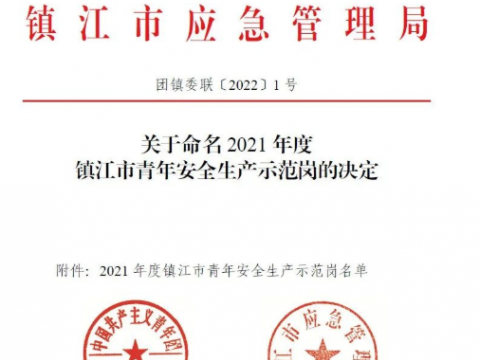 喜报！这个青年集体荣获“2021年度镇江市青年安全生产示范岗”荣誉称号